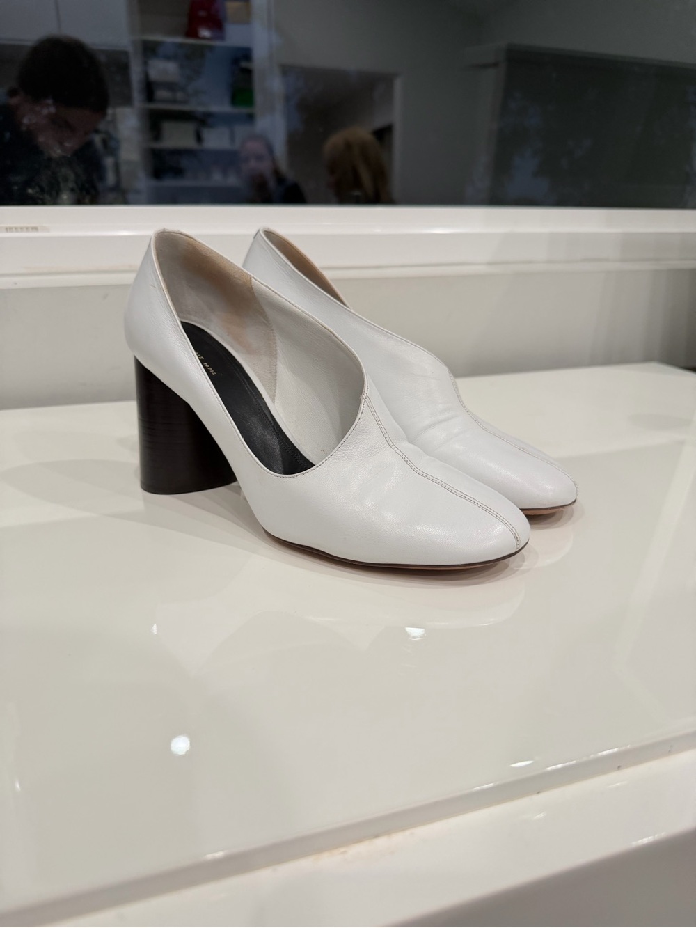 Celine White Leather Round-Toe Block Heel Pumps
